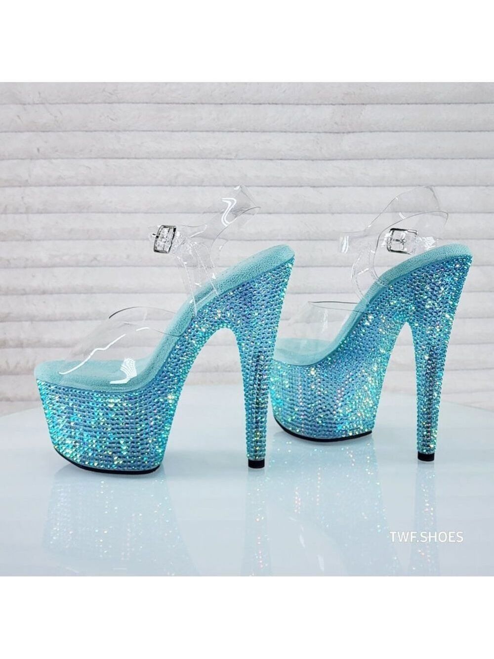 Aqua Iridescent Rhinestone Platform 7" Stiletto High Heel Shoes Bejeweled